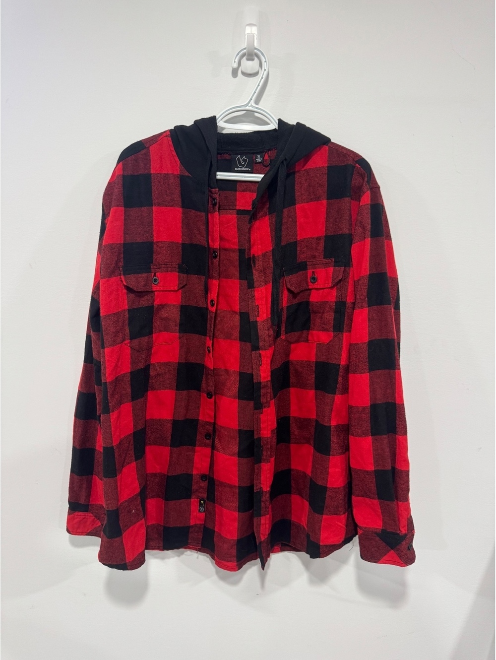 Men’s Red and Black Plaid Hooded Flannel Button Down